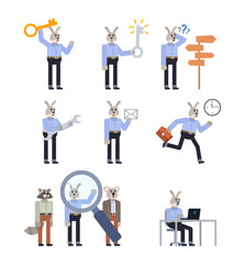 Set of rabbit characters in blue shirt showing various actions. Cheerful hare holding big key, mail letter, screwdriver, running, working and showing other actions. Flat design vector illustration