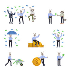 Set of rabbit characters in blue shirt posing with money. Cheerful hare standing with umbrella under money rain and showing other actions. Flat design vector illustration