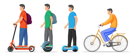 Set of urban transport for leisure. Kick scooter, hoverboard, monocycle, gyroscooter and bicycle. Eco city vehicles. Ecological, convenient urban transportation. Flat vector illustration
