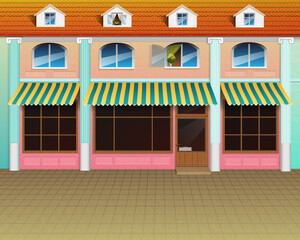 Shopfront - store or cafe front with blue and yellow striped awnings. Cartoon illustration.