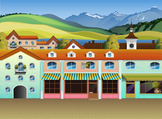 Cartoon townscape template. Landscape with town and a shop or cafe on first plan and meadows and mountains on background. Colorful illustration.