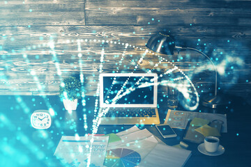 Desktop computer background and DNA drawing. Double exposure. Science concept.