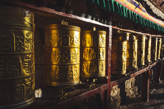 Prayer wheels in the Potala Palace in Lhasa, Tibet