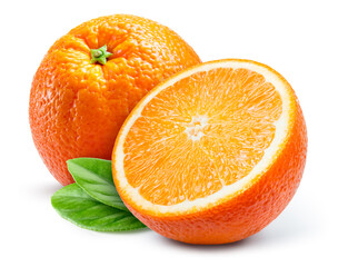 Orange fruit isolate. Orange citrus on white background. Whole and a half of orange fruit with...