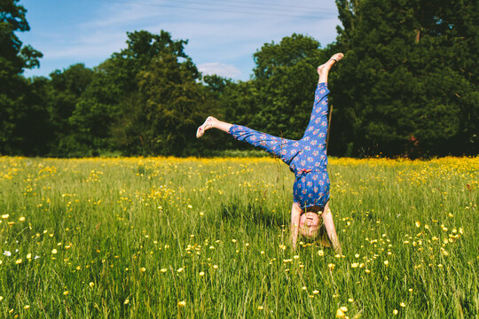 A little girl doing handstands in a wildflower meadow