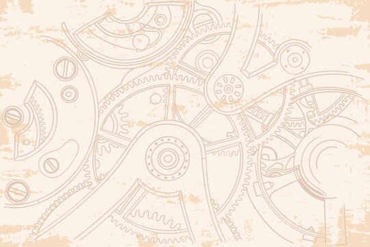 Vintage old beige background with gears from the clockwork. © migfoto