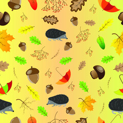 Autumn seamless pattern with the image of leaves, hedgehog, acorns, umbrellas, mushrooms and rowan