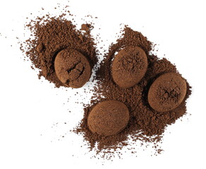Milled espresso coffee powder pile isolated on white background, top view