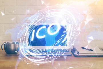 Double exposure of blockchain theme hologram and table with computer background. Concept of bitcoin...