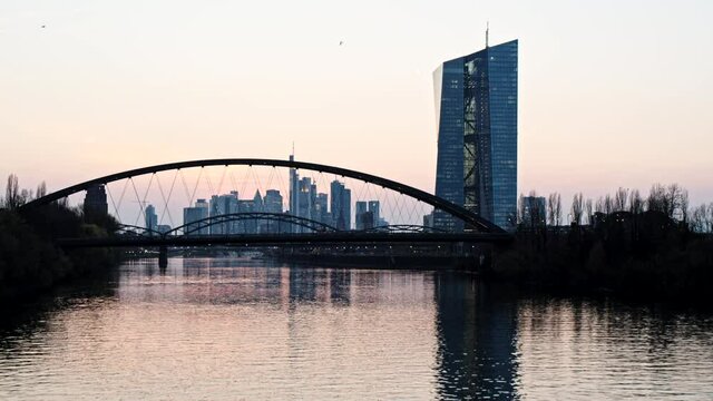 Bridges over river and cityscape, Frankfurt, Hesse, Germany