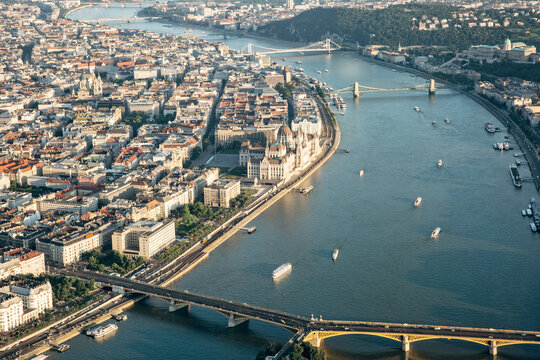 The Danube and its bridges in Budapest from the air