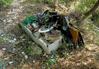 Spazzatura nel bosco: relitti metallici e oggetti abbandonati nel bosco. 