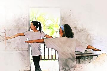 Abstract happiness daughter and mother yoga exercise in the morning on watercolor illustration painting background.