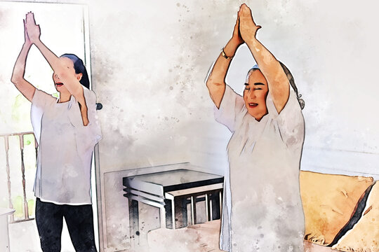 Happiness daughter and mother yoga exercise in the morning on watercolor illustration painting background.