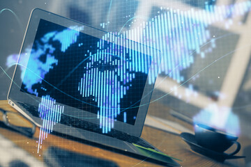 Multi exposure of business theme icons and table with computer background. Concept of success.