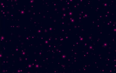Pink sparkles on a dark blue background, fireflies flying in the night. Abstract lightning bugs in the evening sky. Glowing stardust light effect. Vector backdrop.