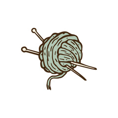 Wool yarn and knitting needle pins drawing - isolated thread roll