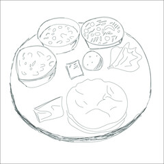 black and white pencil drawing indian food. salad, chutney, dal, masala, curry, Kurd, flatbread, chapati, naan. tray with dishes. EPS vector 10. what do they eat in Delhi, Mumbai, Goa, Indonesia?