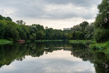 Fototapeta na wymiar reflection of green trees in a pond in summer