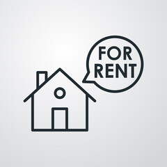 Concepto Real Estate. Venta de inmuebles. Icono plano lineal casa con texto For Rent en burbuja de habla en fondo gris