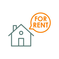 Concepto Real Estate. Venta de inmuebles. Icono plano lineal casa con texto For Rent en burbuja de habla en gris y naranja