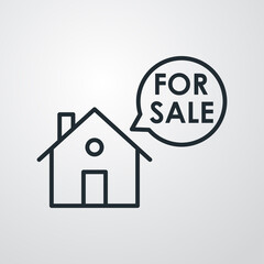 Concepto Real Estate. Venta de inmuebles. Icono plano lineal casa con texto For Sale en burbuja de habla en fondo gris