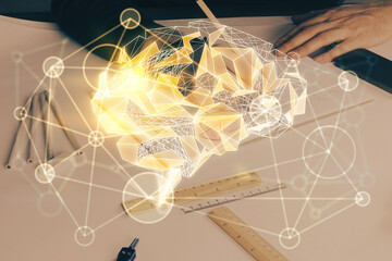 Brain multi exposure icon with man hands background.