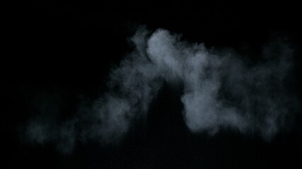 Misty chalk clouds blowing into center. Isolated white smoke and fog wisp on black background....
