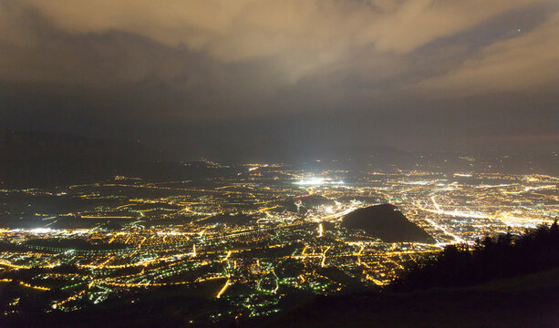 Panorama view of city Salzburg, austria at night