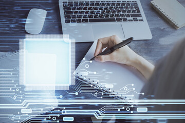 Multi exposure of writing hands on background with data solution hologram. Technology concept.