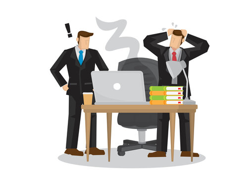 Depress businessmen worried about their project as their computer is damage. Concept of computer virus attack, corporate online security or damaged hardware. Isolated vector illustration.