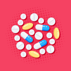 Flat style banner with medical drugs, tablets and pills
