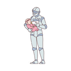Future babysitting concept - robot and baby sketch vector illustration isolated.
