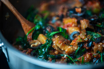 Guiso vegetariano close up berenjena espinacas hojas verdes jitomate cocido olla vegano