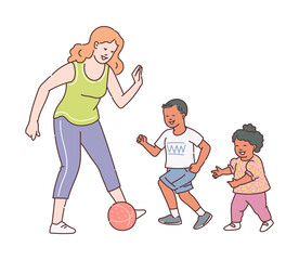 Woman and children playing soccer with ball - cartoon mother with kids