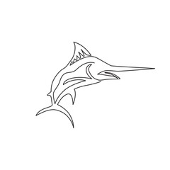 One single line drawing of giant marlin for fresh meat company logo identity. Jumping swordfish mascot concept for seafood can icon. Continuous line graphic draw design vector illustration