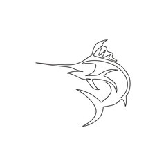 One continuous line drawing of big wild marlin for marine company logo identity. Jumping fish mascot concept for fishing competition icon. Single line draw design vector graphic illustration