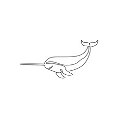 One single line drawing of funny cute narwhal for marine company logo identity. Big narwhale mascot concept for fairytale creature icon. Continuous line draw design graphic vector illustration