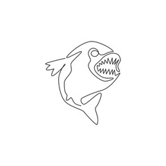 One single line drawing of angry piranha for logo identity. Amazon river fish mascot concept for monster creature icon. Continuous line graphic draw design vector illustration