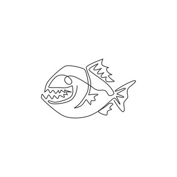 recommend clip art: One single line drawing of angry piranha for logo identity. Amazon river fish mascot concept for monster creature icon. Continuous line graphic draw design vector illustration