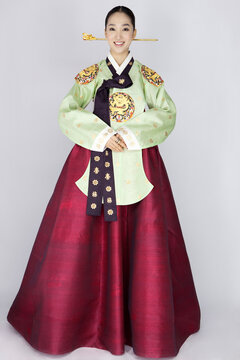 young woman in korean traditional clothing, hanbok