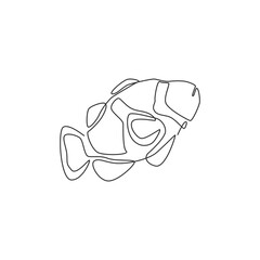 Single continuous line drawing of beauty clownfish for aquatic logo identity. Beautiful anemonefish mascot concept for under water show icon. One line draw design graphic vector illustration