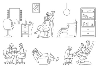 Women in a beauty salon or spa set of vector contour illustrations.