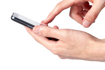 Finger tapping smartphone screen, phone held in hand, modern smart phone in hands, interacting with...