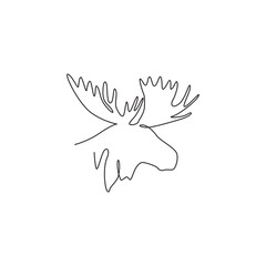 Single continuous line drawing of sturdy moose head for logo identity. Buck animal mascot concept for national zoo icon. One line draw graphic design vector illustration