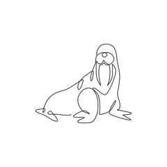 Obraz premium One continuous line drawing of giant walrus for marine company logo identity. Odobenus rosmarus mascot concept for national conservation park icon. Modern single line draw design vector illustration