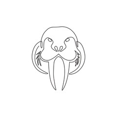 One single line drawing of big walrus head for company logo identity. Flippered marine mammal mascot concept for national zoo icon. Modern continuous line draw design vector illustration graphic