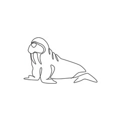 Single continuous line drawing of big cute walrus for logo identity. Arctic regions animal mascot concept for circus show icon. Modern one line draw design vector graphic illustration