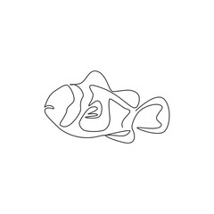 One continuous line drawing of adorable clown fish for sea water aquarium logo identity. Stripped anemonefish mascot concept for aquatic show icon. Modern single line draw design vector illustration