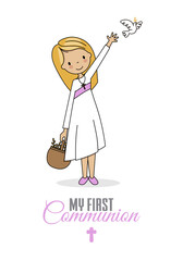 First communion card.  Girl with basket of flowers. isolated vector